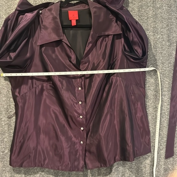 JS Collection Purple Tafetta Shiny Holiday New Years Button Belted blouse top - Picture 9 of 13